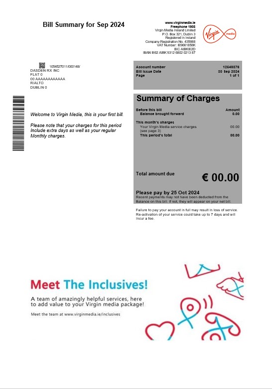 Ireland Virgin Media business utility bill template in Word and PDF formats, version 2